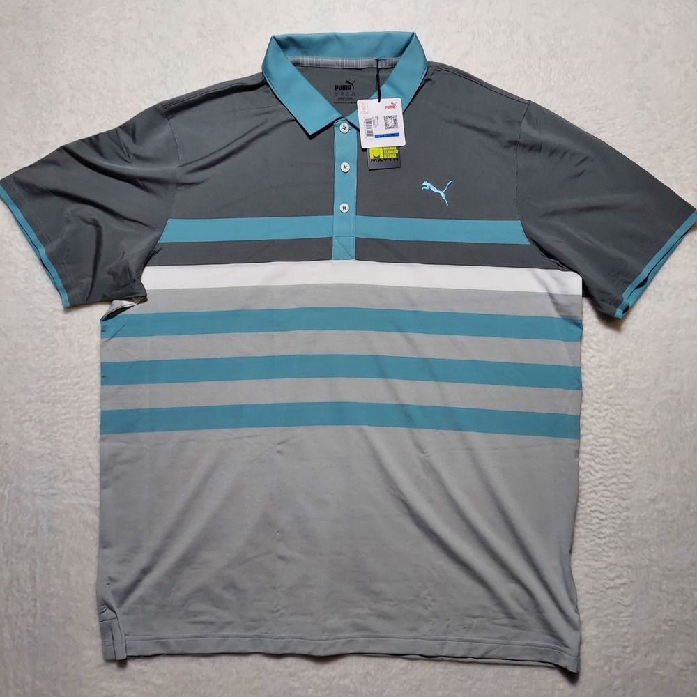 Puma MATTR One Way Polo Mens XL Gray Blue New Striped Golf Shirt 599115 30
